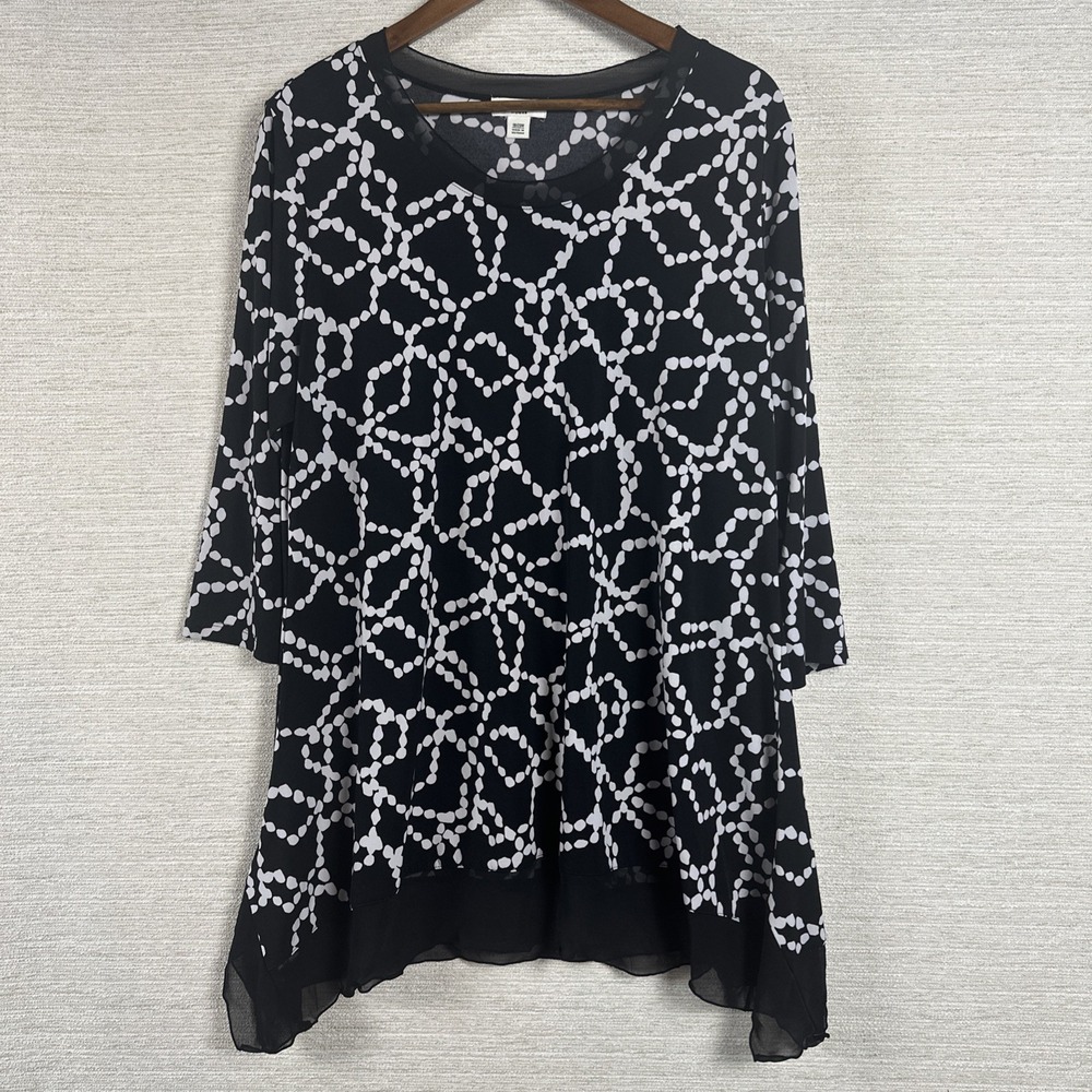 Cato Woman 18/20 Black White Print Tunic Blouse Layered Chiffon Hem Plus Artsy